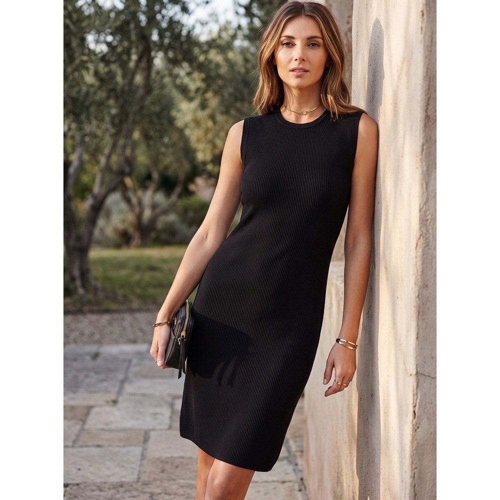NWT Vince Plaited Rib Wool Blend Shift Knit Dress Black Sleeveless S M $375